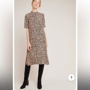 Anthropologie Mackenzie Leopard Print Dress Short Sleeve Midi Mock Neck size M
